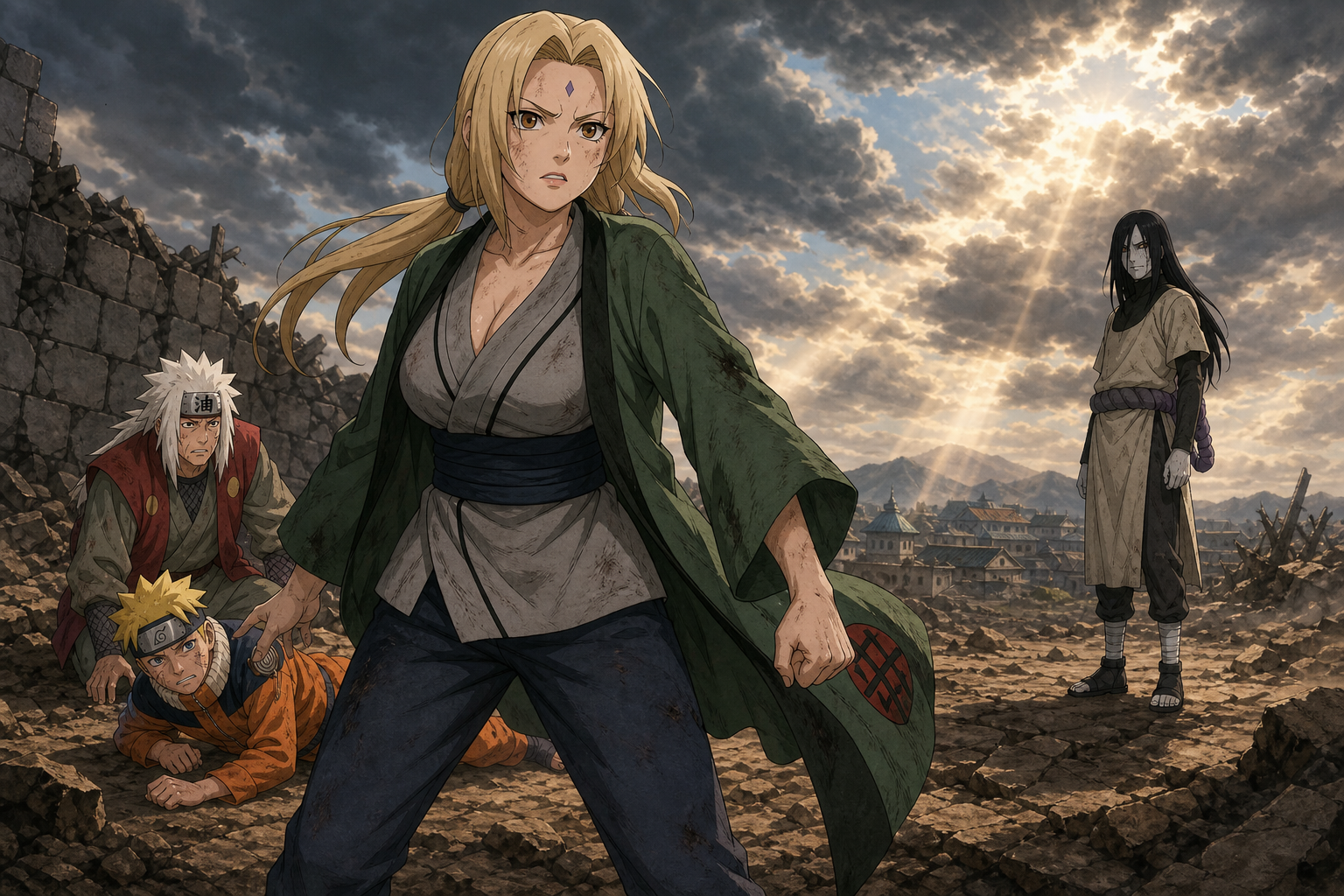 Tsunade stands protectively between injured Naruto and Orochimaru while Jiraiya supports Naruto behind her