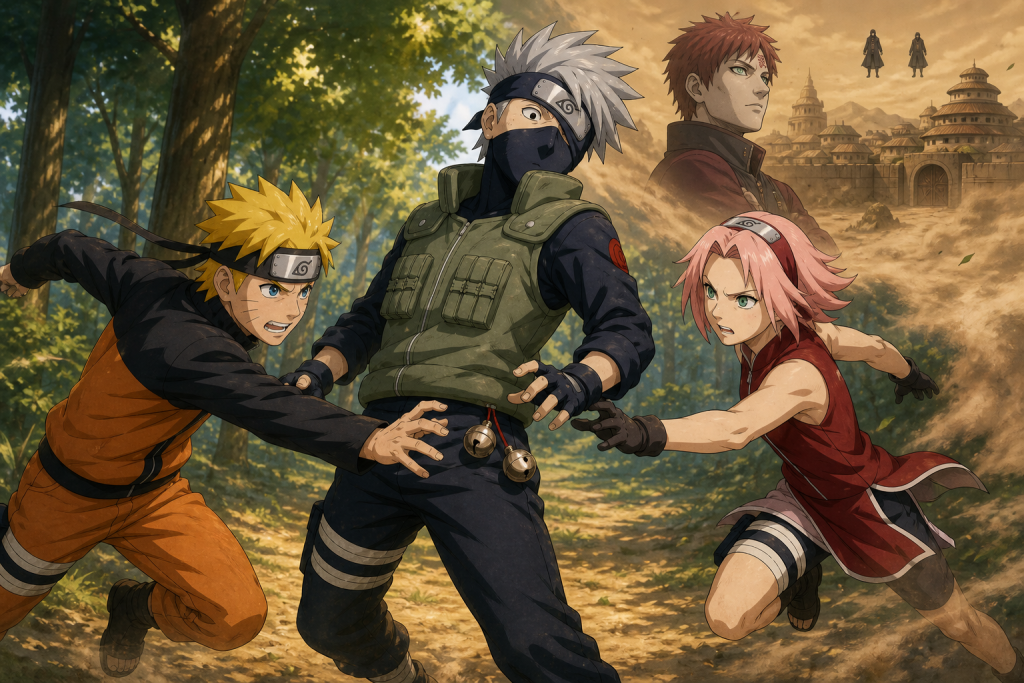 Naruto and Sakura coordinate a bell-test attack against Kakashi while Gaara watches the approaching Akatsuki in Shippuden Episode 2