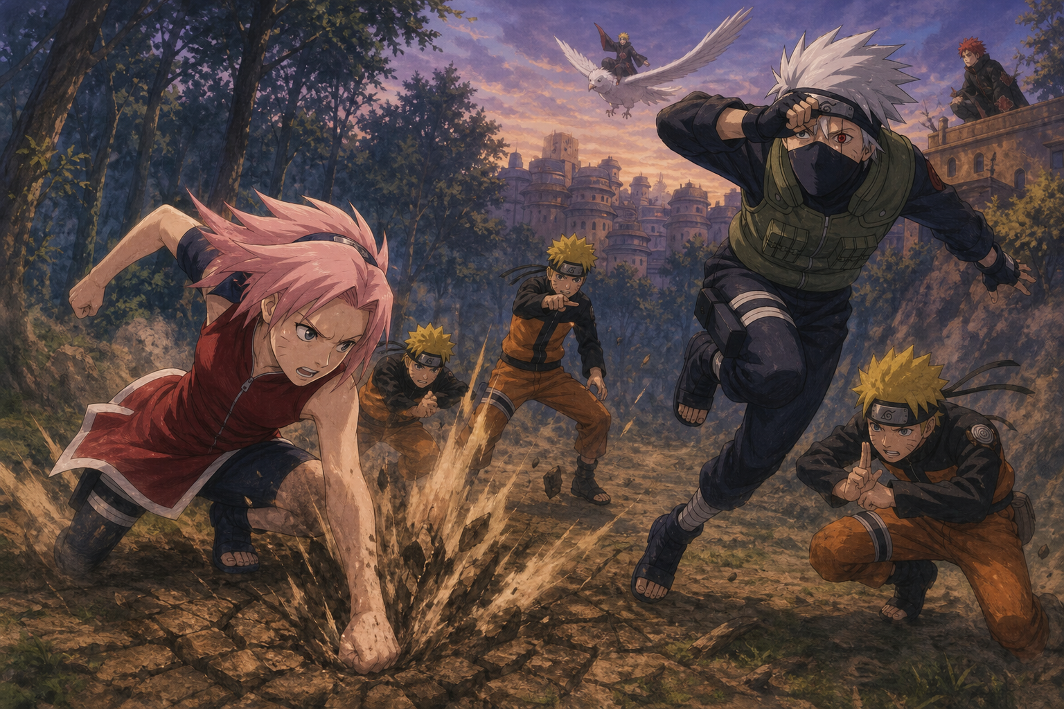 Sakura shatters the training ground as Naruto's shadow clones pressure Kakashi while Deidara approaches the Sand in Shippuden Episode 3