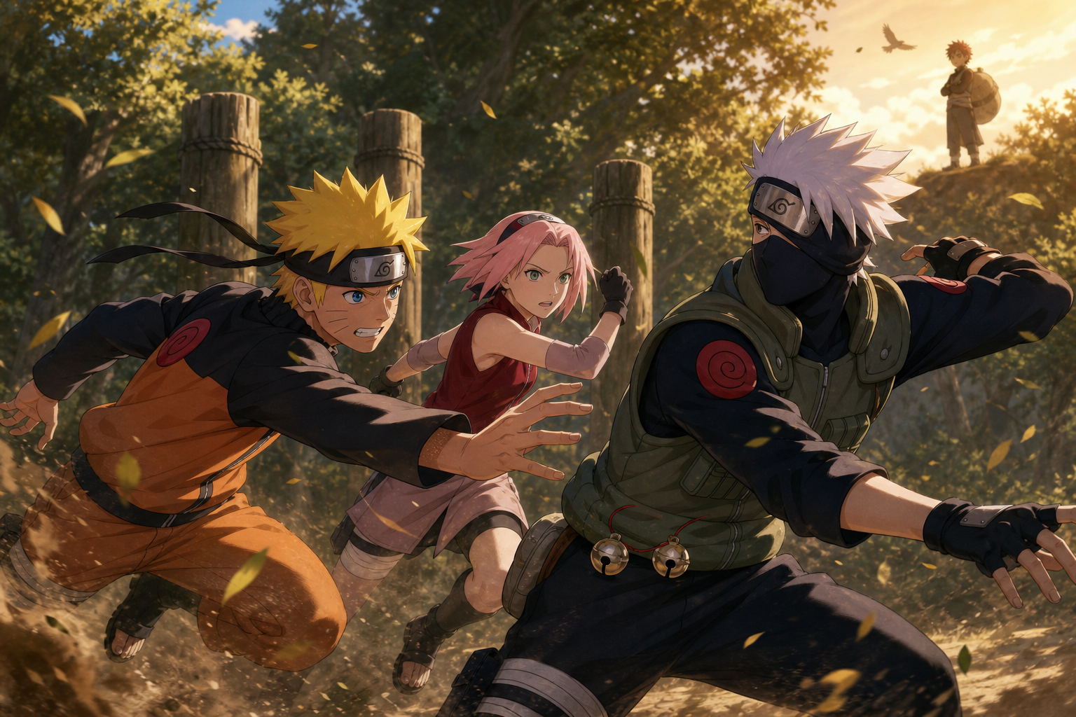 Naruto and Sakura coordinate against Kakashi during the second bell test in Naruto Shippuden Episode 3