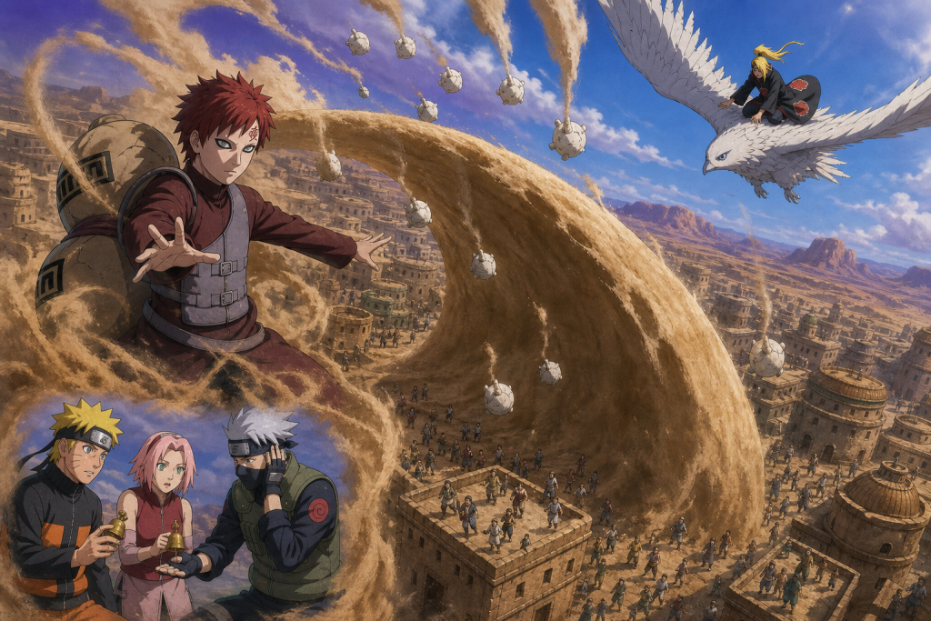 Gaara raises a massive sand shield above Sunagakure while Deidara attacks from a clay bird in Naruto Shippuden Episode 4