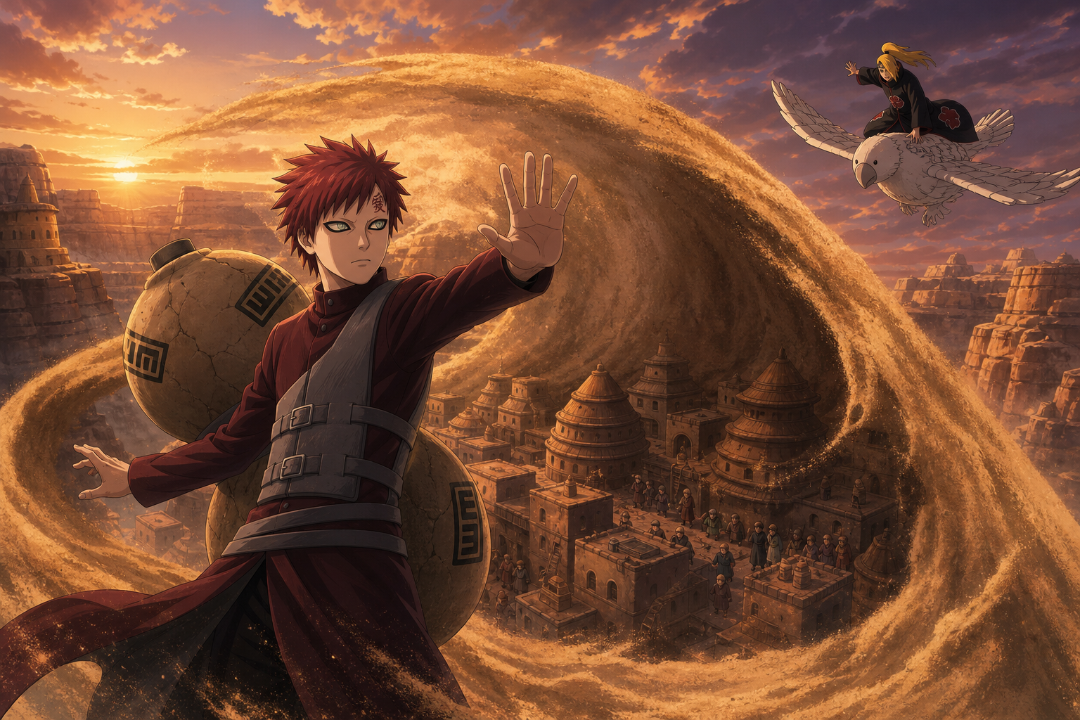 Gaara raises a massive sand shield over Sunagakure while Deidara attacks from a clay bird in Naruto Shippuden Episode 4