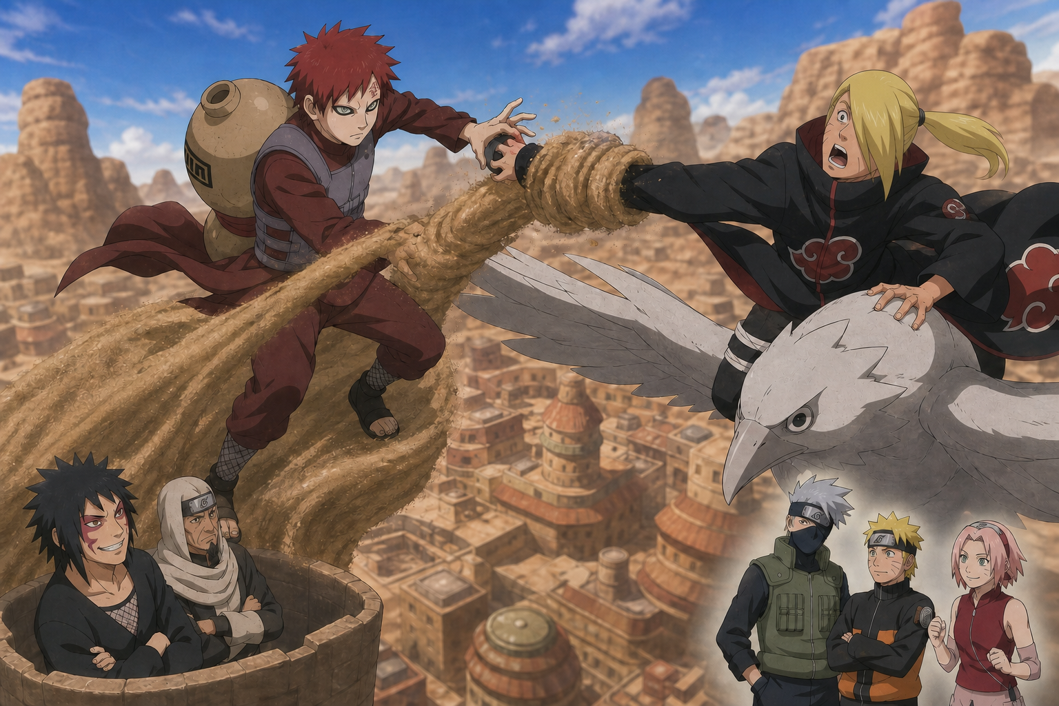 Gaara crushes Deidara's arm with sand above Sunagakure while Kankuro watches in Naruto Shippuden Episode 5