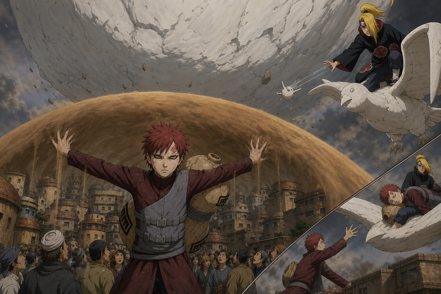 Gaara raises a giant sand shield over Sunagakure while Deidara triggers a hidden clay trap in Naruto Shippuden Episode 6