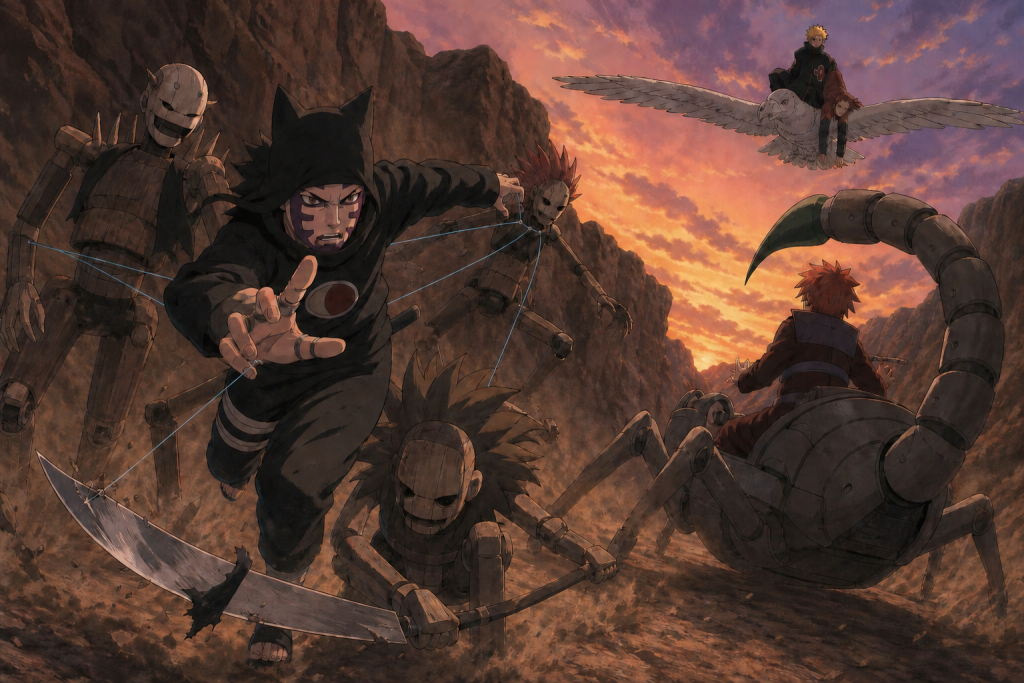 Kankuro controls three puppets against Sasori's scorpion shell while Deidara carries Gaara away in Naruto Shippuden Episode 7