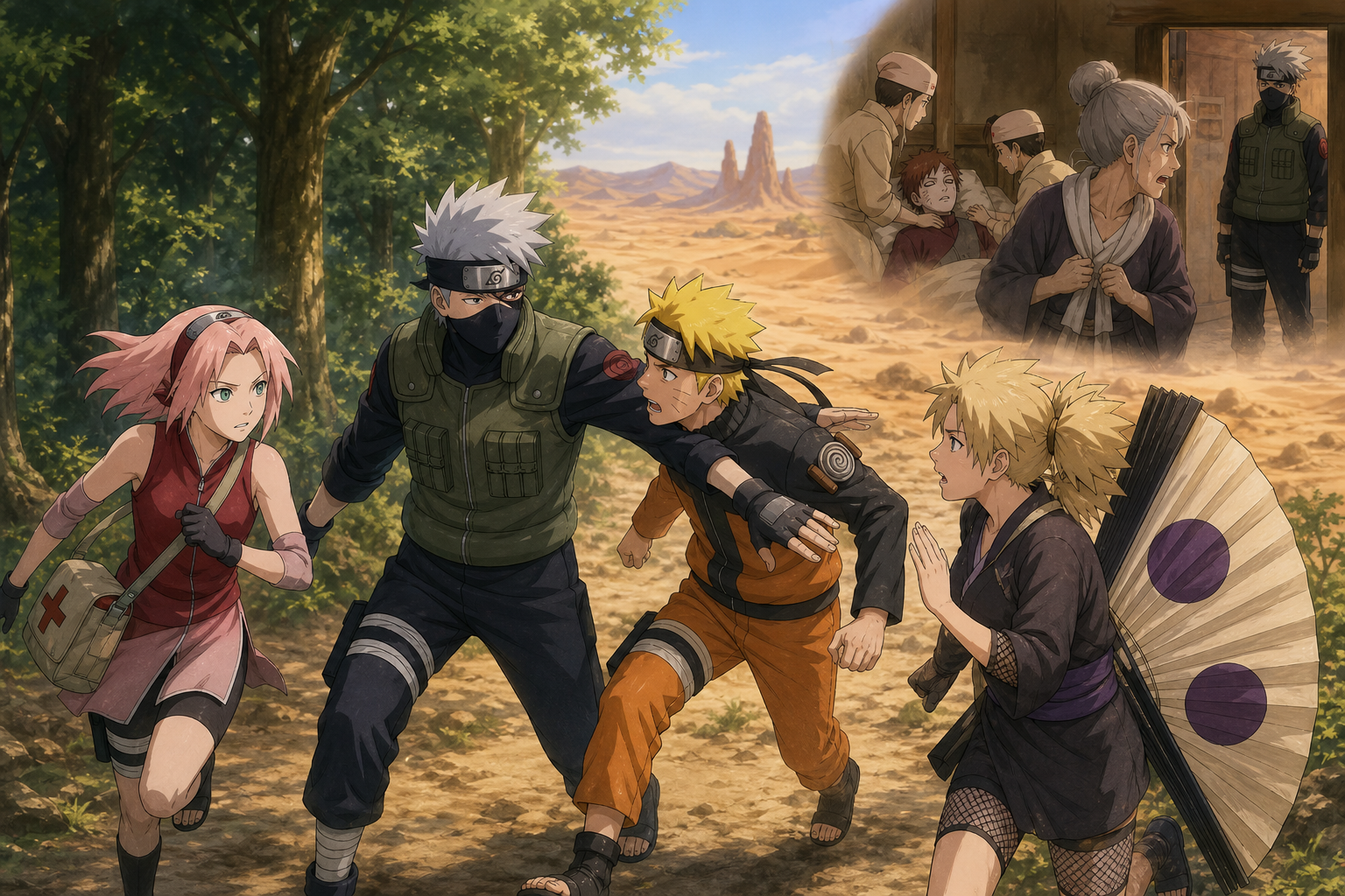 Kakashi stops Naruto from rushing ahead as Sakura and Temari organize the Sand rescue in Naruto Shippuden Episode 8