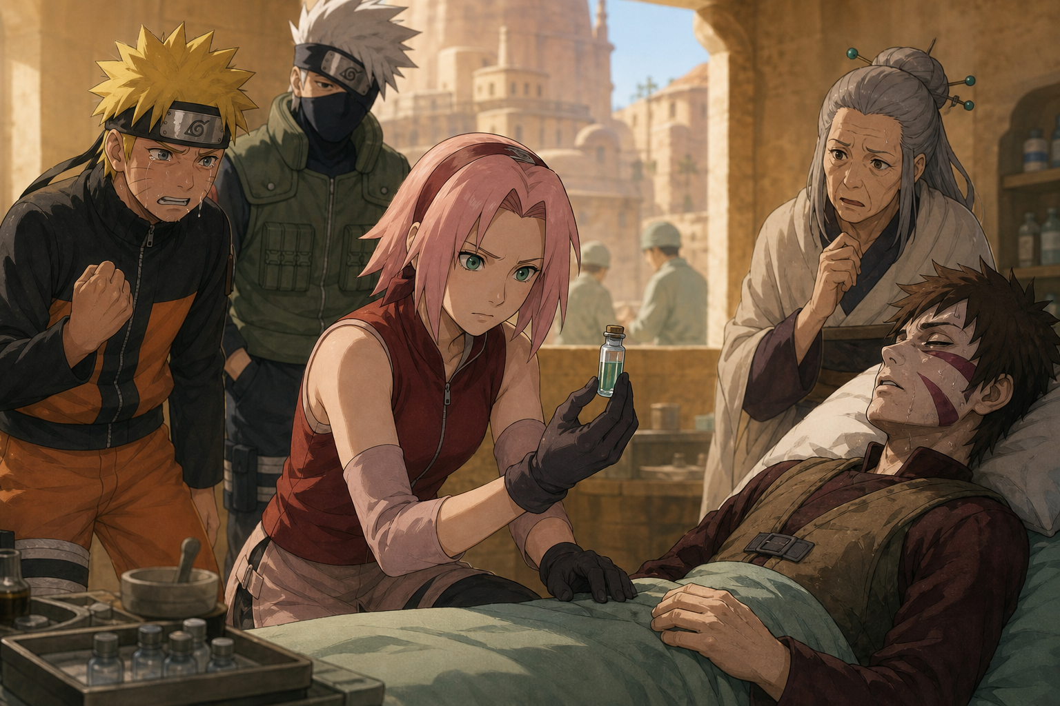 Sakura treats poisoned Kankuro while Naruto explains his bond with Gaara in Naruto Shippuden Episode 9