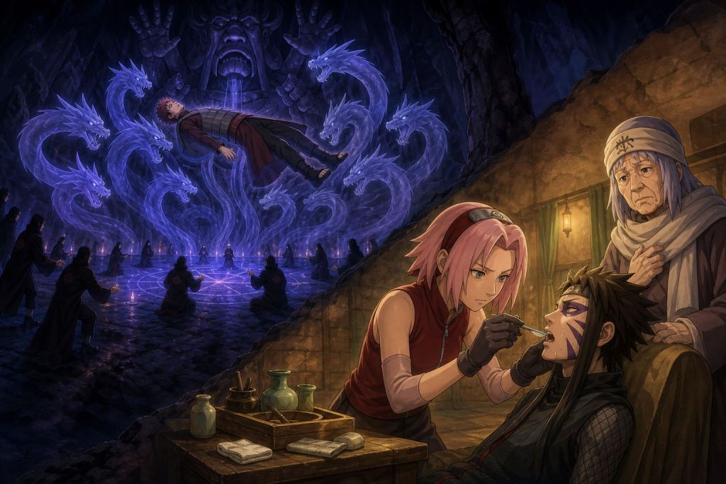 Akatsuki extracts Shukaku from Gaara while Sakura administers Kankuro's antidote in Naruto Shippuden Episode 10