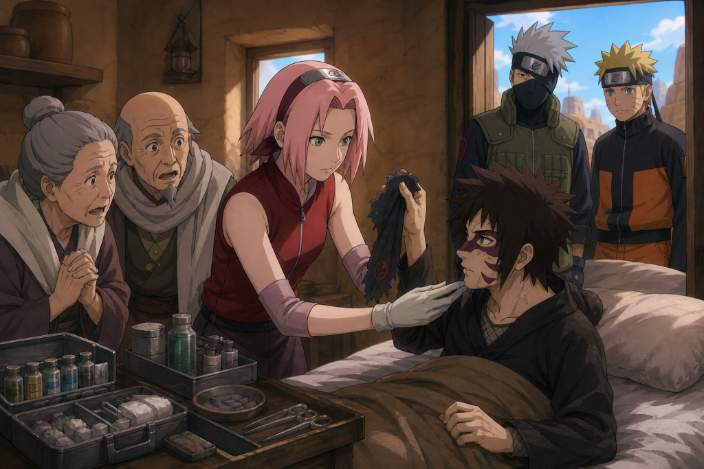 Sakura checks recovering Kankuro as he gives Team Kakashi Sasori's cloth clue in Naruto Shippuden Episode 11