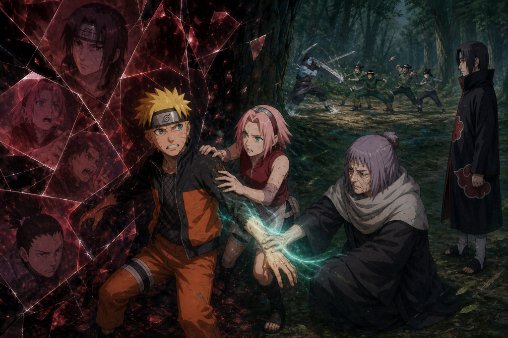 Sakura and Chiyo break Itachi's genjutsu around Naruto while Team Guy faces Kisame in Naruto Shippuden Episode 14