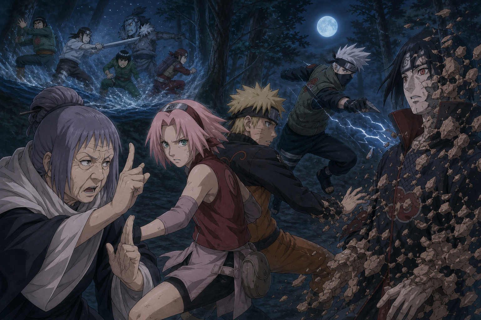 Chiyo teaches Sakura and Naruto an anti-genjutsu formation while Kakashi counters Itachi in Naruto Shippuden Episode 15