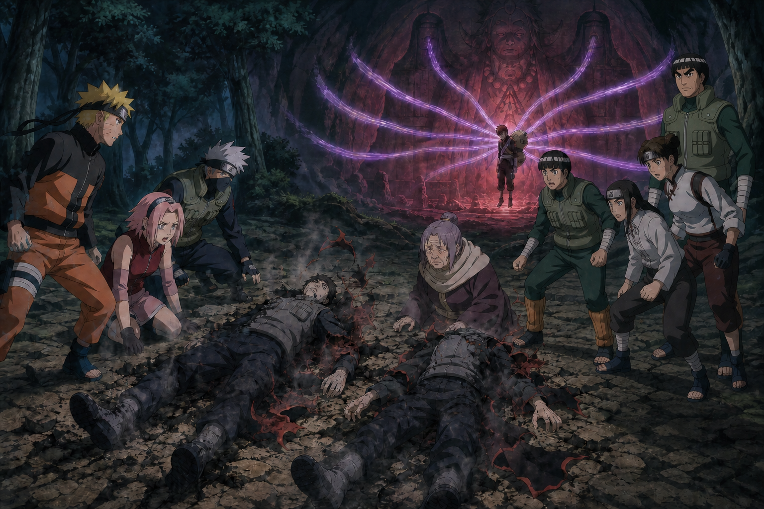 Team Kakashi and Team Guy discover Akatsuki's sacrificed substitute bodies while Gaara's extraction continues in Naruto Shippuden Episode 16