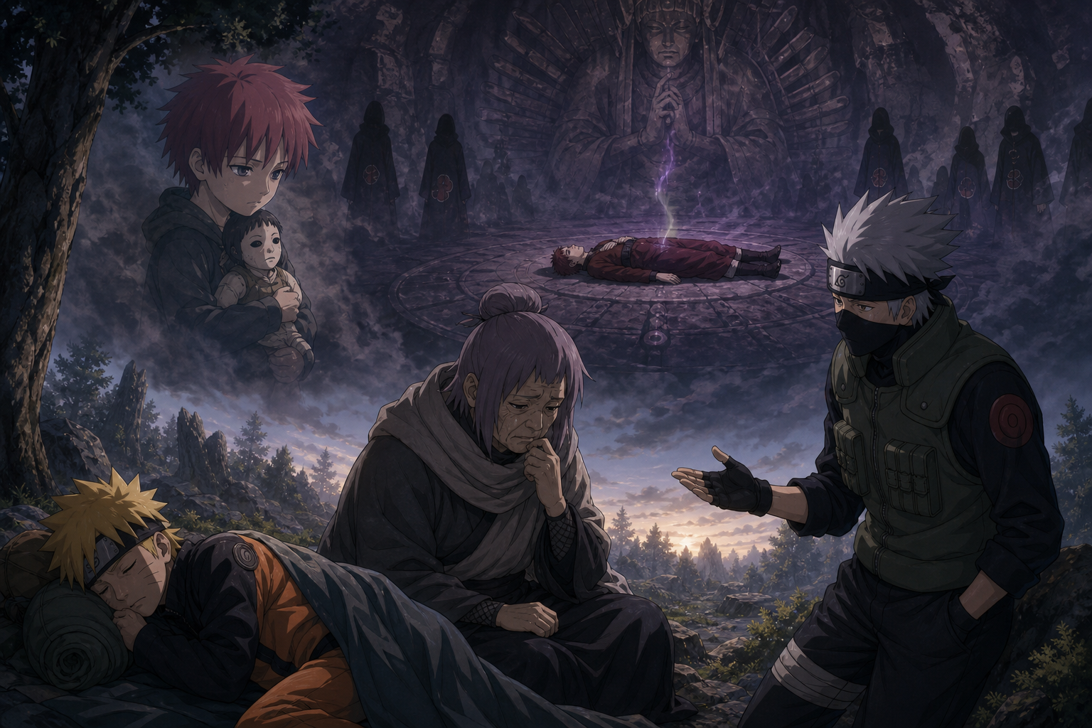 Chiyo mournfully watches Naruto sleep as Gaara lies motionless after Shukaku's extraction in Naruto Shippuden Episode 17