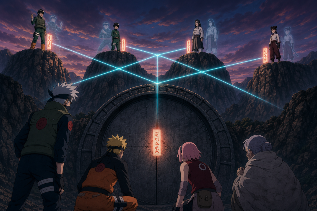 Team Kakashi coordinates with four separated Team Guy members to remove the five-seal barrier in Naruto Shippuden Episode 18