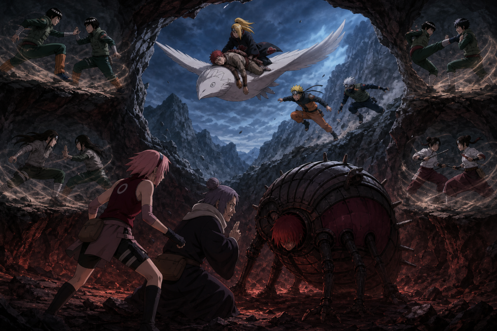 Sakura and Chiyo face Sasori as Deidara carries Gaara away and Team Guy battles mirror copies in Naruto Shippuden Episode 19