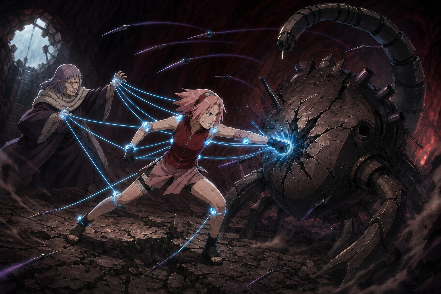 Chiyo guides Sakura with ten chakra threads as Sakura smashes Hiruko in Naruto Shippuden Episode 20
