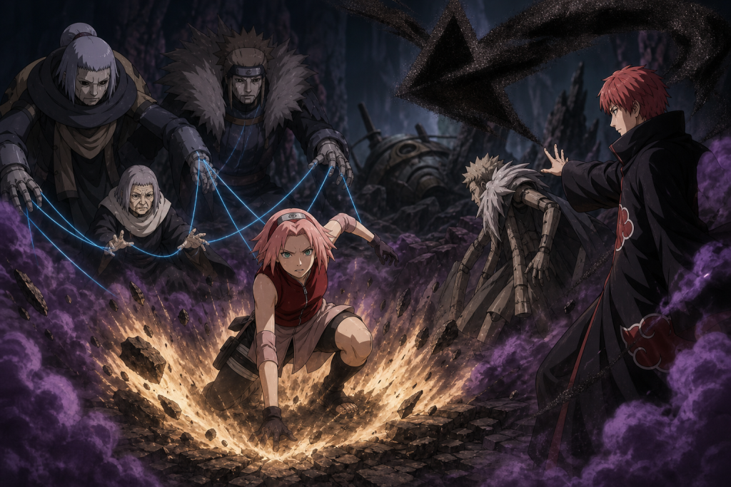 Sakura escapes Sasori's poison as Chiyo summons Mother and Father against the Third Kazekage puppet in Naruto Shippuden Episode 22