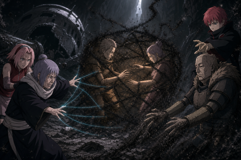 Chiyo shields Sakura as Iron Sand immobilizes the Father and Mother puppets in Naruto Shippuden Episode 23