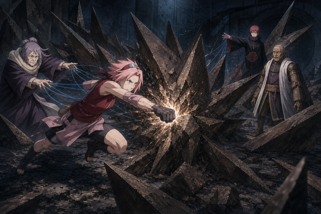 Sakura shatters a massive Iron Sand formation as Chiyo guides her against Sasori and the Third Kazekage puppet in Naruto Shippuden Episode 24