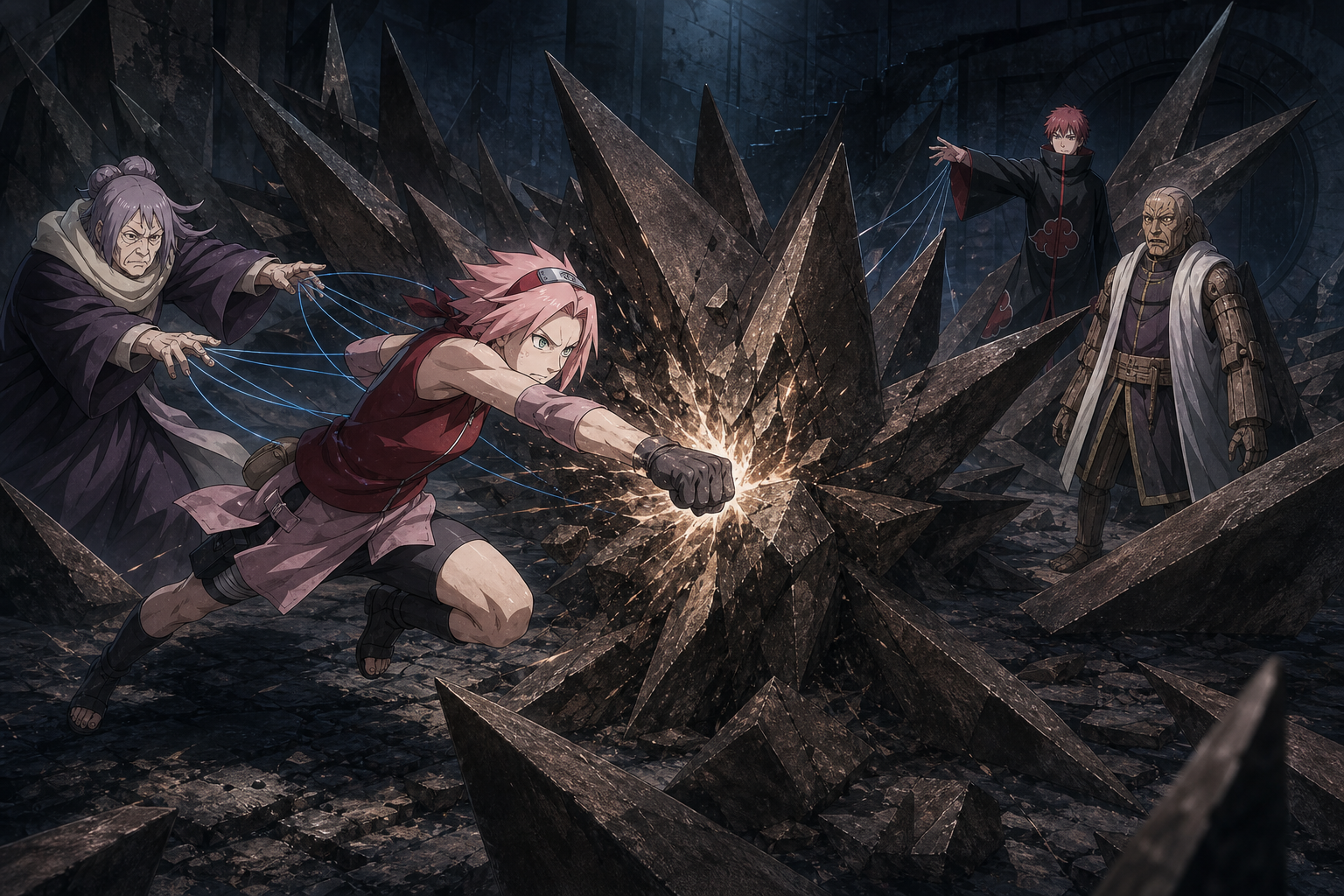 Sakura shatters a massive Iron Sand formation as Chiyo guides her against Sasori and the Third Kazekage puppet in Naruto Shippuden Episode 24