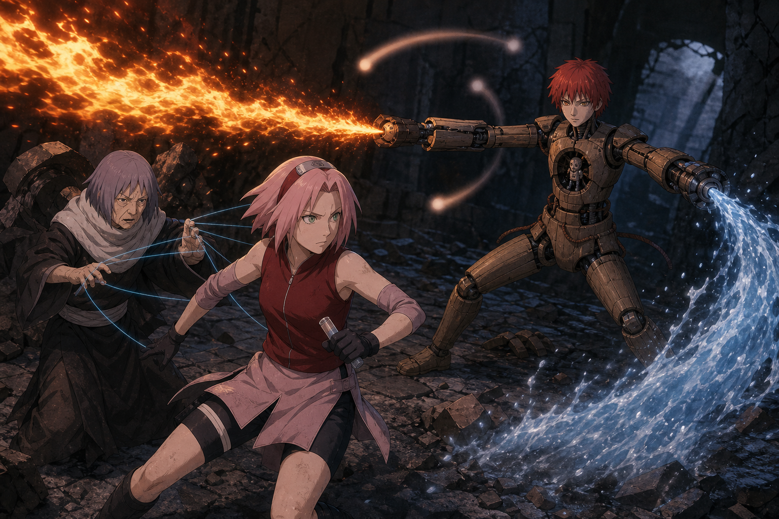 Sakura uses her temporary poison antidote while Chiyo guides her against Sasori and his fire and water weapons in Naruto Shippuden Episode 25