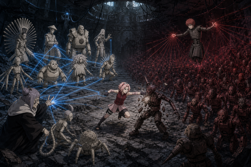 Chiyo's ten master puppets and Sakura confront Sasori's vast puppet army in Naruto Shippuden Episode 26