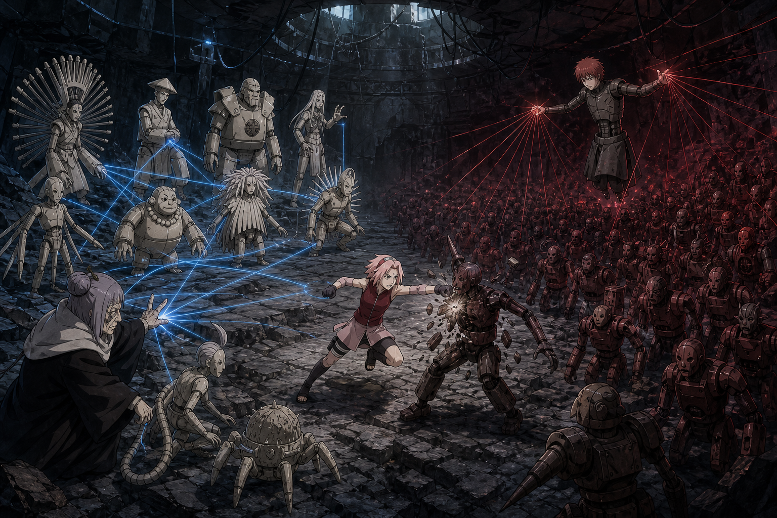 Chiyo's ten master puppets and Sakura confront Sasori's vast puppet army in Naruto Shippuden Episode 26