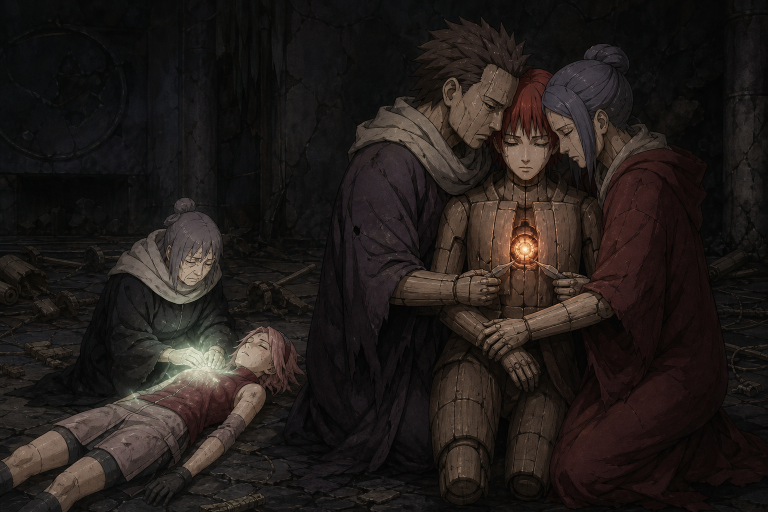 Chiyo stabilizes Sakura as the Father and Mother puppets close around Sasori in Naruto Shippuden Episode 27