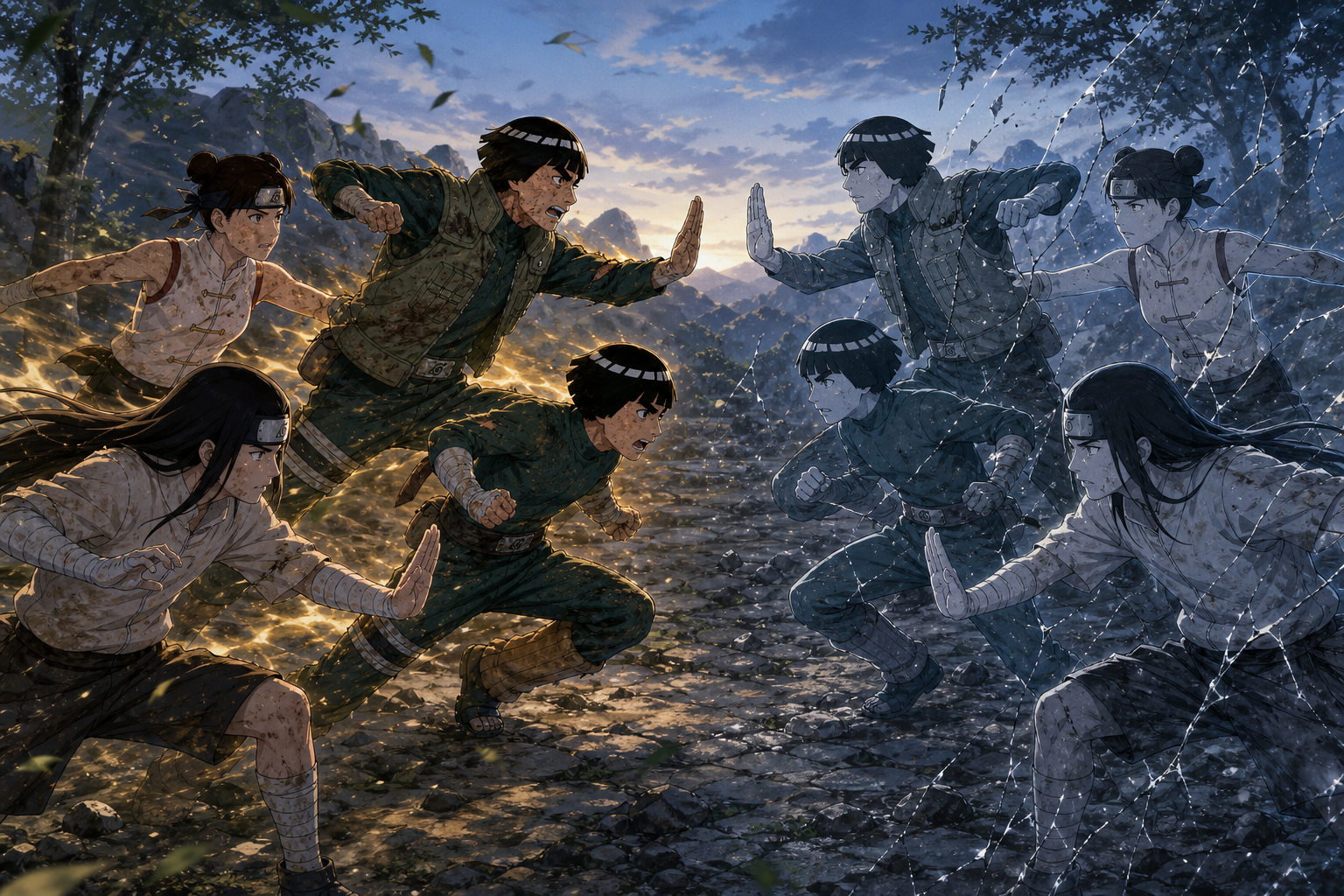 Guy, Lee, Neji and Tenten push beyond the fixed strength of their mirror copies in Naruto Shippuden Episode 28