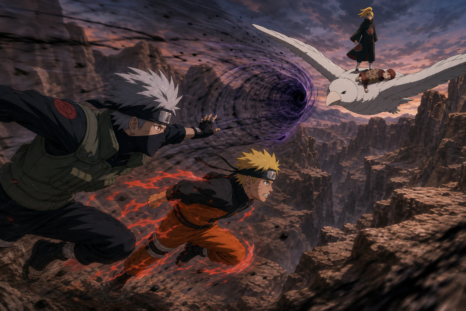 Kakashi focuses Kamui while Naruto's Nine-Tails chakra surfaces during their pursuit of Deidara and Gaara in Naruto Shippuden Episode 29