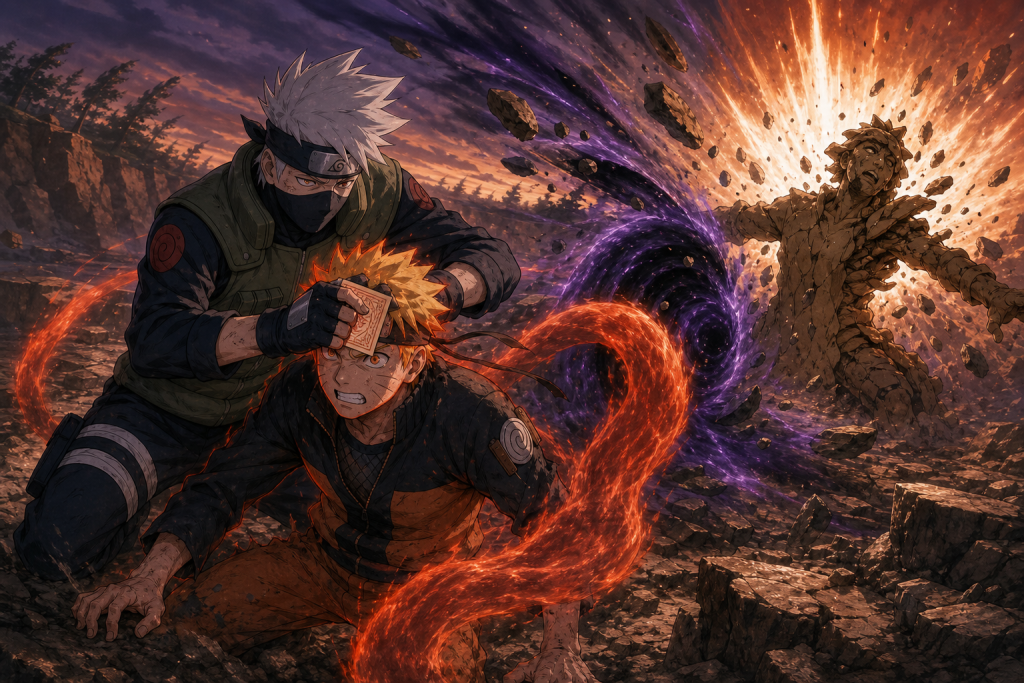 Kakashi applies a suppression tag to Naruto as Kamui pulls a clay Deidara explosion away in Naruto Shippuden Episode 30