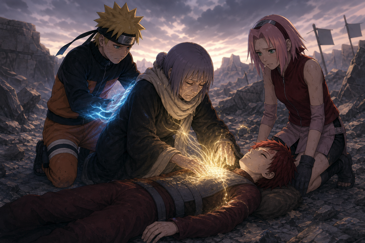 Naruto supplies chakra as Chiyo transfers her life to Gaara while Sakura recognizes the cost in Naruto Shippuden Episode 31