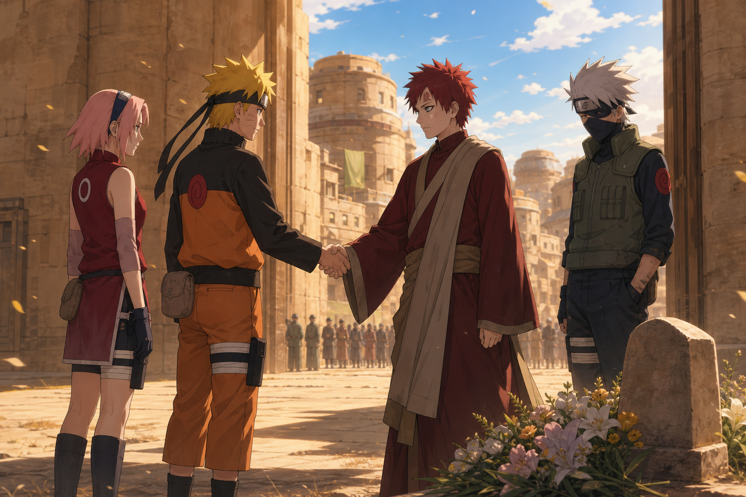 Gaara clasps Naruto's hand beside Chiyo's memorial as Sakura, Kakashi and the Hidden Sand welcome their Kazekage home in Naruto Shippuden Episode 32