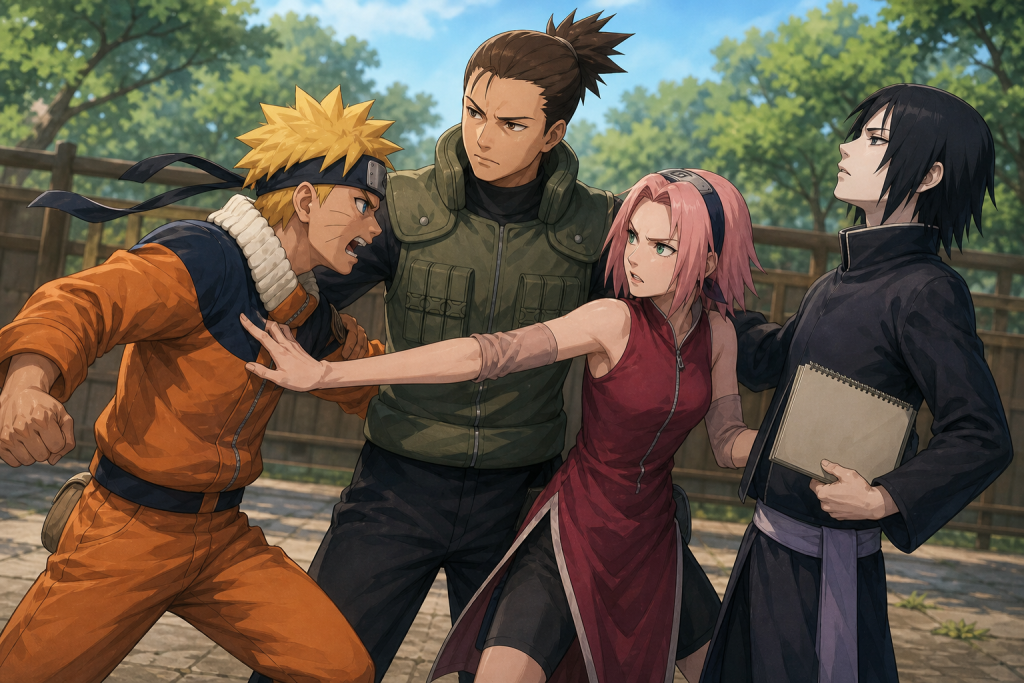 Sakura and Yamato hold Naruto back from Sai during the hostile first meeting of New Team Kakashi in Naruto Shippuden Episode 34