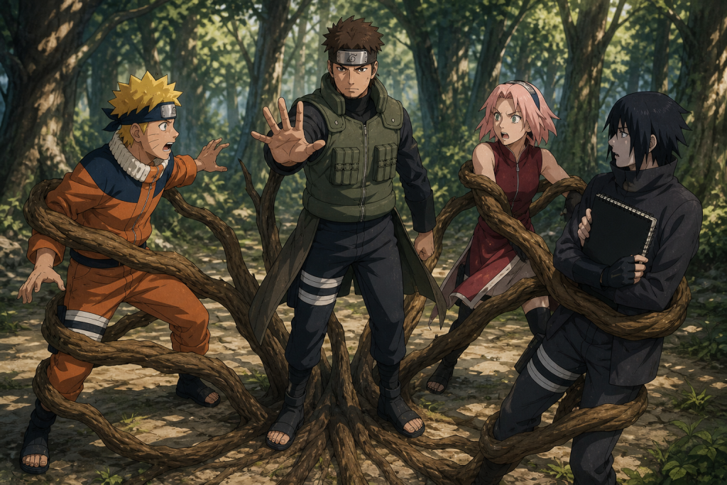 Yamato restrains Naruto, Sakura and Sai with branching Wood Release when their conflict overwhelms the mission briefing in Naruto Shippuden Episode 35