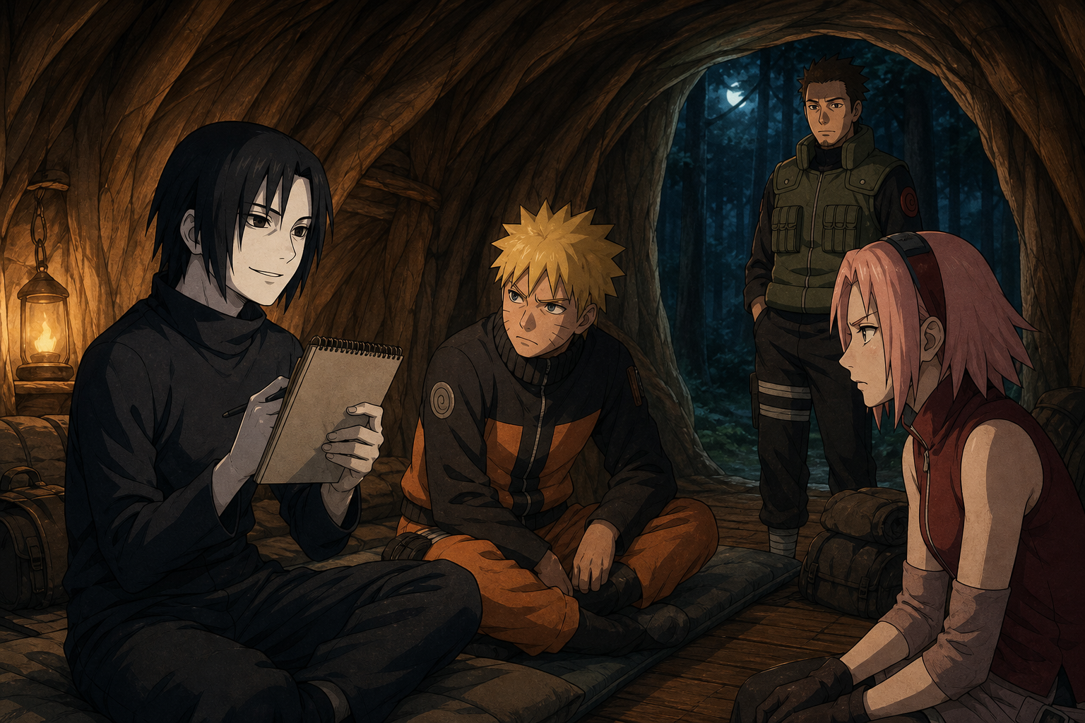 Sai offers a practiced empty smile inside Yamato's wooden shelter while Naruto and Sakura watch with distrust in Naruto Shippuden Episode 36