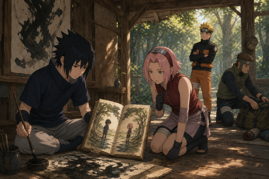 Sakura studies Sai's unfinished picture book beside his abstract ink painting as Naruto and Yamato watch in Naruto Shippuden Episode 37