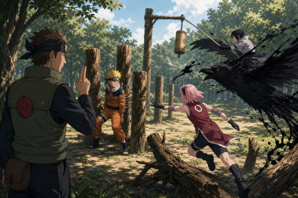 Sai rides an ink bird toward the simulation objective while Naruto remains restrained and Yamato observes in Naruto Shippuden Episode 38
