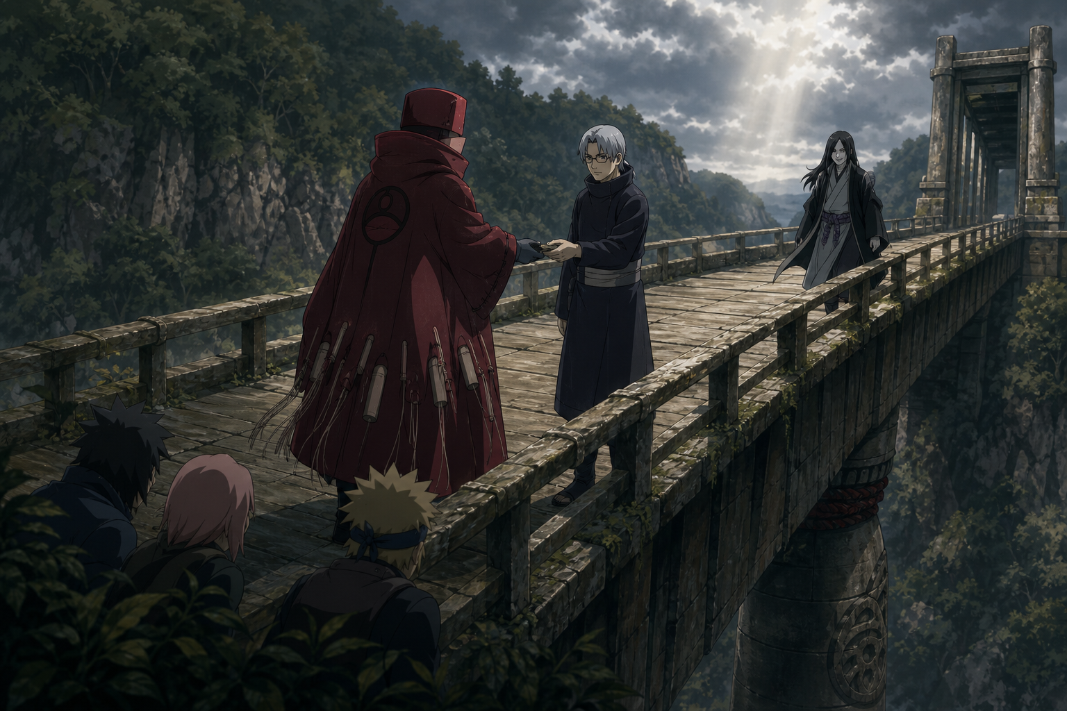Yamato disguised as Sasori meets Kabuto at Tenchi Bridge as Orochimaru approaches and Team Kakashi watches from concealment in Naruto Shippuden Episode 39
