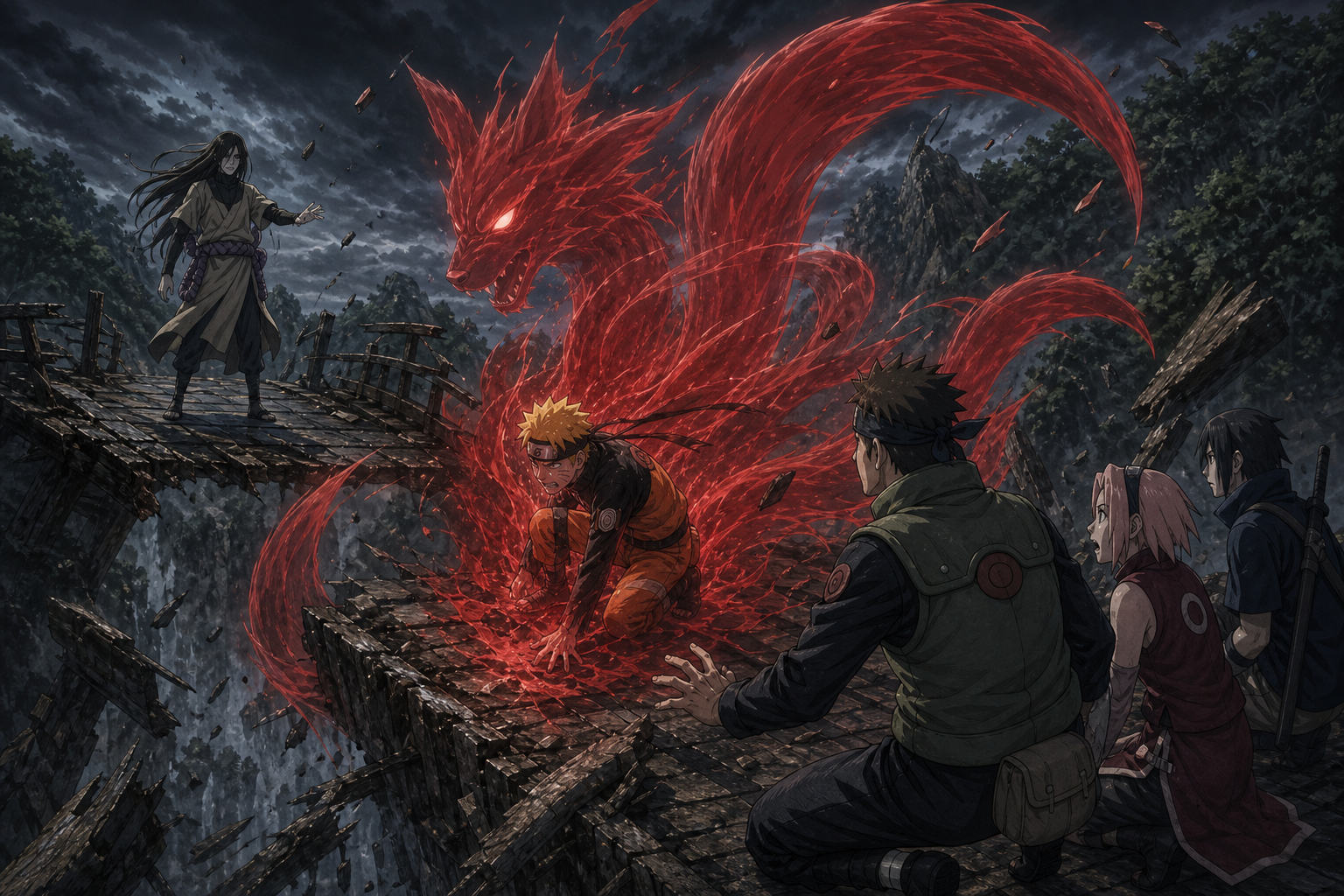 Crimson Nine-Tails chakra rises around Naruto on the shattered Tenchi Bridge as Orochimaru provokes him and Yamato, Sakura and Sai recoil in Naruto Shippuden Episode 40