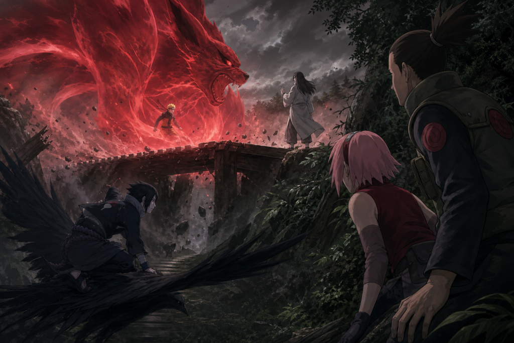 Sai slips away on an ink bird while Yamato and Sakura watch Naruto's crimson chakra battle Orochimaru in Naruto Shippuden Episode 41