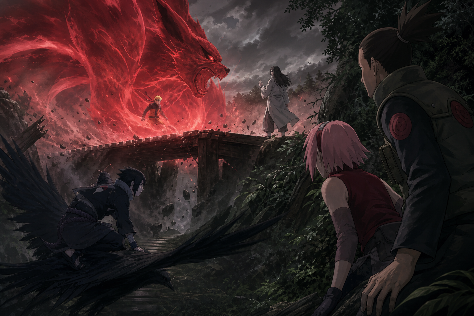 Sai slips away on an ink bird while Yamato and Sakura watch Naruto's crimson chakra battle Orochimaru in Naruto Shippuden Episode 41