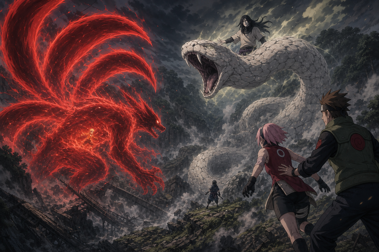 Naruto's four-tailed crimson chakra clashes with Orochimaru's giant pale serpent as Sakura rushes forward and Yamato restrains her in Naruto Shippuden Episode 42