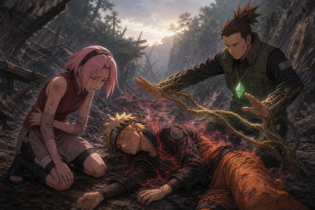 Sakura cries beside unconscious Naruto as Yamato uses Wood Release and the First Hokage's necklace to suppress the last crimson chakra in Naruto Shippuden Episode 43