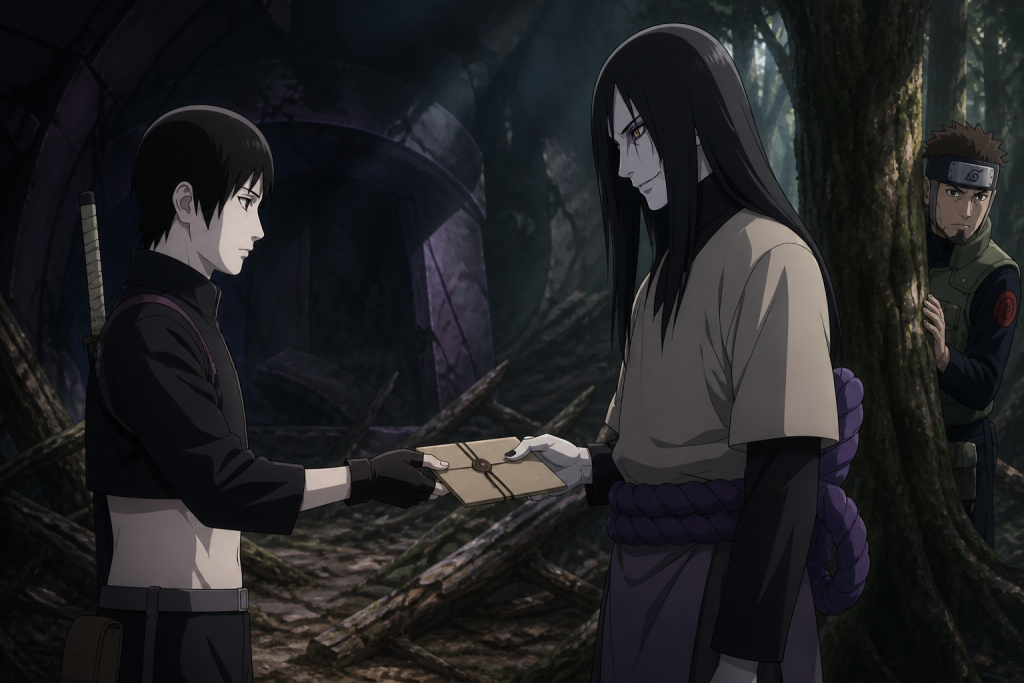 Sai hands a sealed intelligence packet to Orochimaru while Yamato watches from behind a tree in Naruto Shippuden Episode 44