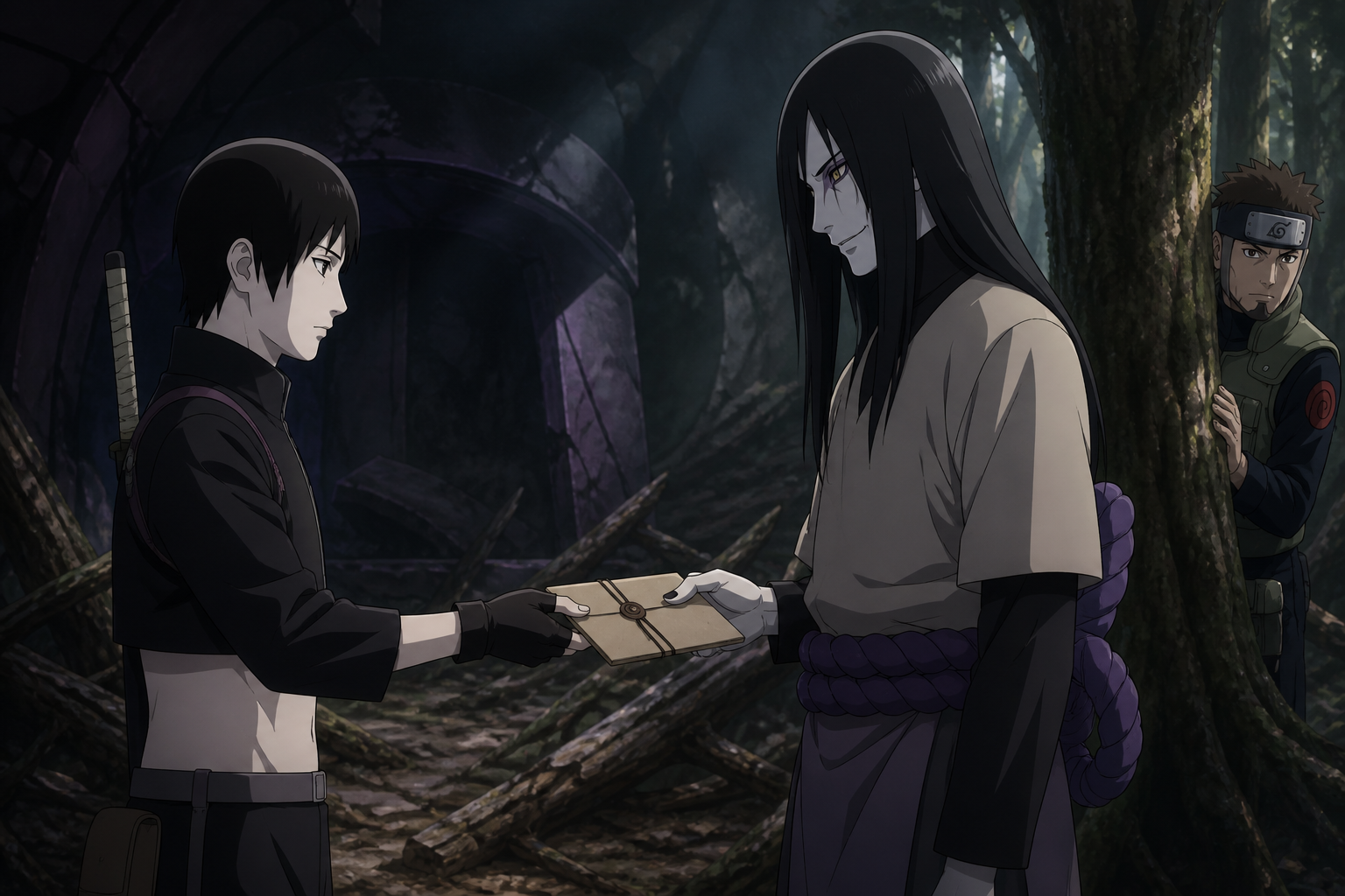 Sai hands a sealed intelligence packet to Orochimaru while Yamato watches from behind a tree in Naruto Shippuden Episode 44