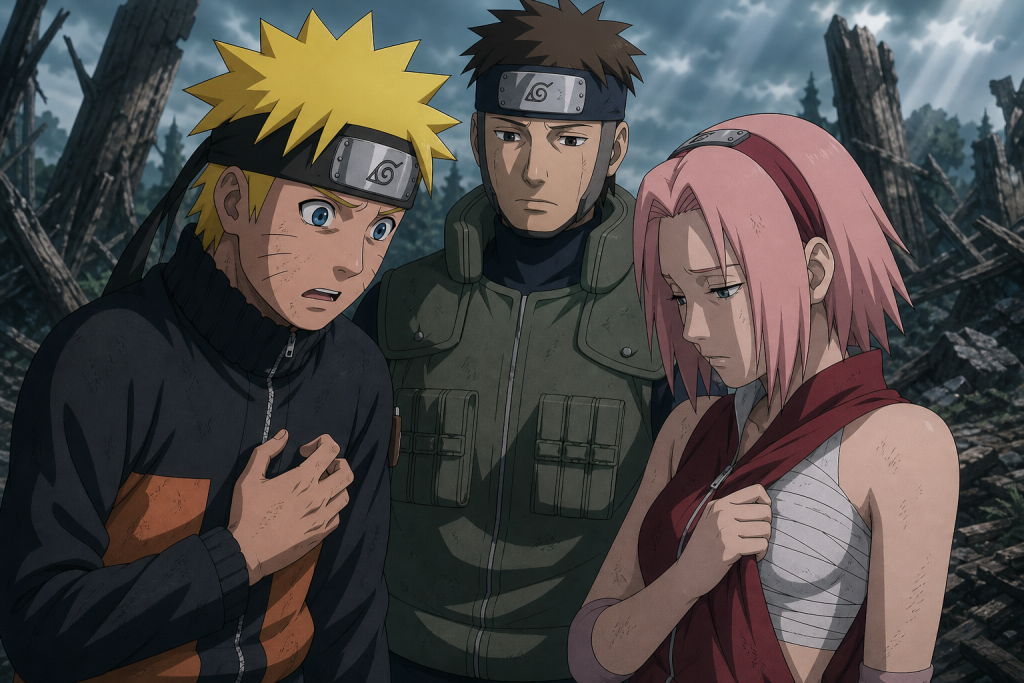 Naruto reacts in horror to Sakura's bandaged injury while Yamato stands between them in Naruto Shippuden Episode 46
