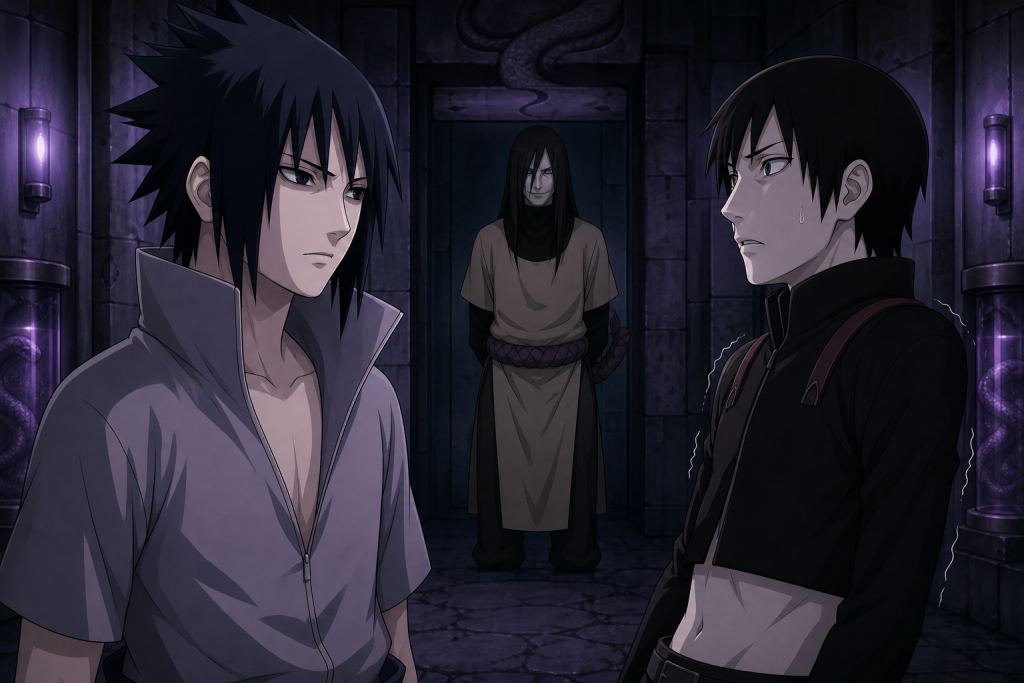 Sai shudders while meeting Sasuke as Orochimaru watches inside the snake hideout in Naruto Shippuden Episode 47