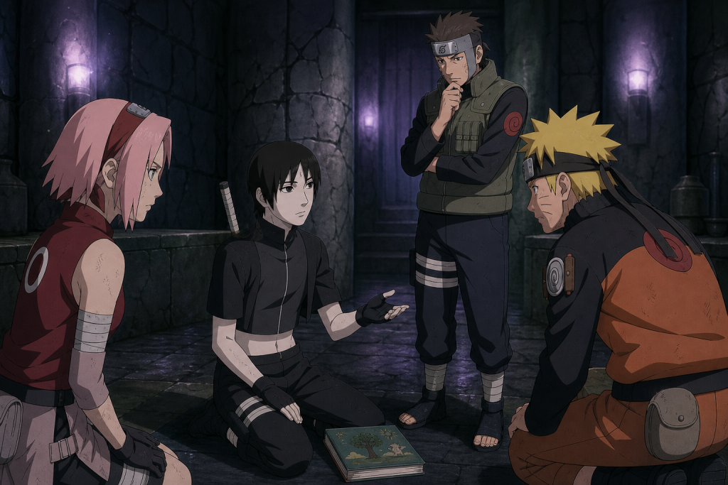 Sai answers Naruto, Sakura and Yamato beside his picture book inside Orochimaru's hideout in Naruto Shippuden Episode 48