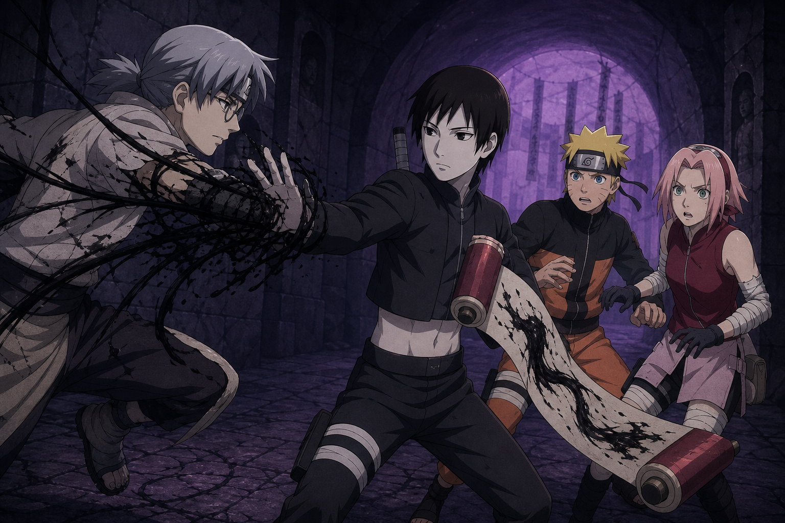 Sai uses an ink restraint against Kabuto while Naruto and Sakura react inside Orochimaru's hideout in Naruto Shippuden Episode 49